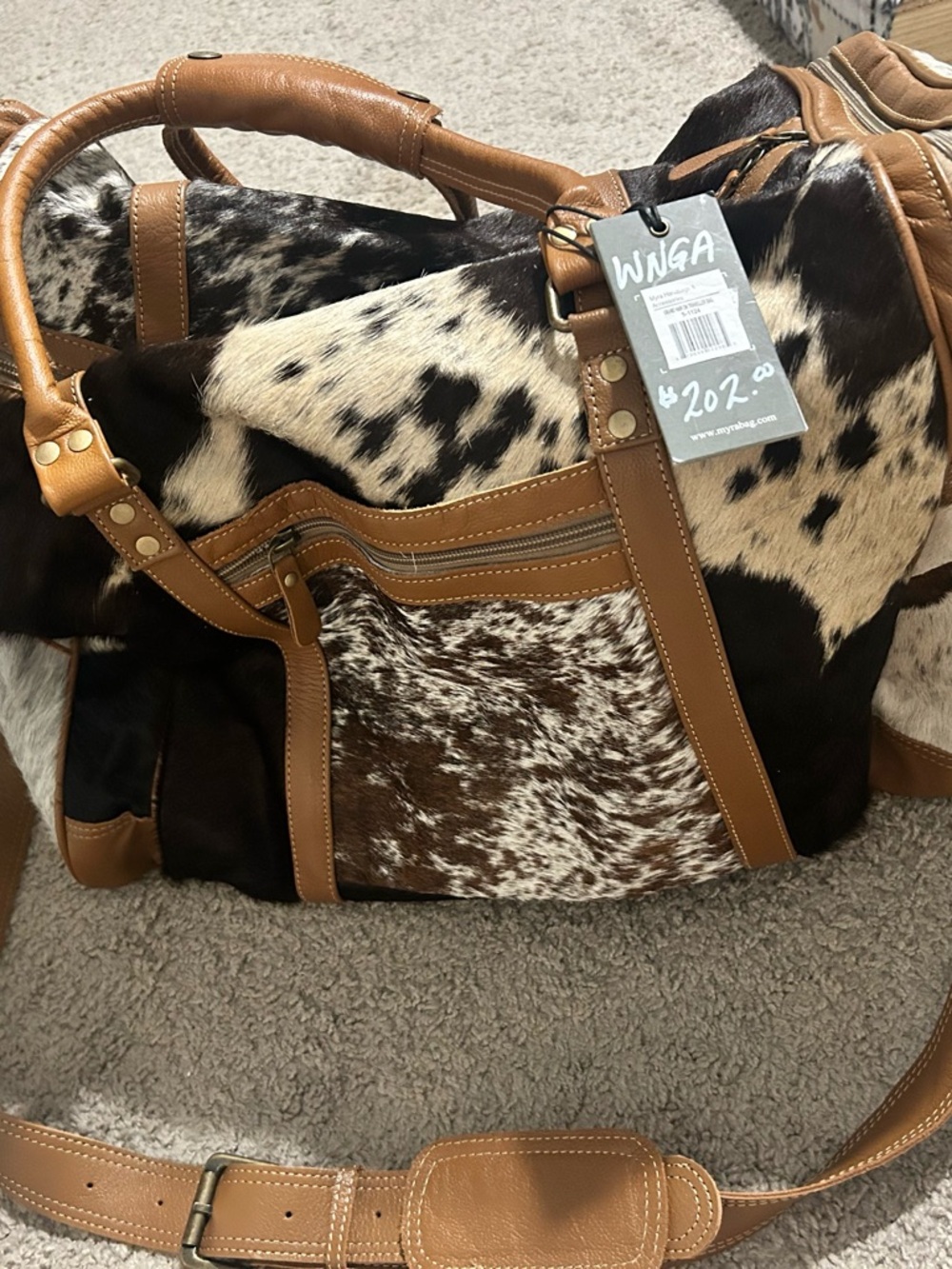 Willa Faux Cowhide Weekender Bag with Tan Trim